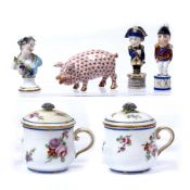In the manner of Sevres porcelain two hot chocolate cups and covers with facsimile marks to the