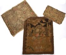 Two turkeywork panels 30cm x 46cm and 66cm x 44cm, and an 18th Century tapestry fragment, 71cm x