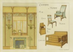 Maurice Dufrene (1876-1955) 'Chambre D'Homme' watercolour, Art Nouveau, signed lower right, 31cm x