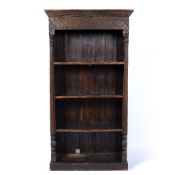 Carved oak large bookcase with three open shelves, 104cm across, 273cm high, 39cm deep