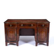 Mahogany and satinwood desk Edwardian, with bow front cupboards to the sides, 135cm across, 62cm