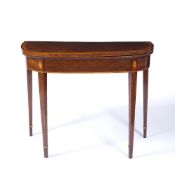 Mahogany and inlaid card table with fold-over top on tapering support, 91cm across, 42cm deep,