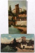 Jose Alarcon Suarez Town scenes, oil on panel, each signed ,unframed, 32cm x 17.75cm and 18cm x