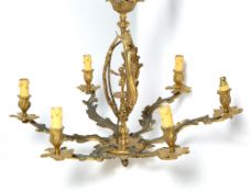 Rococo style six branch chandelier with putti and scrolling acanthus decoration, unmarked, 55cm