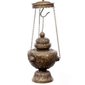 Hanging incense burner Tibetan, 19th/20th Century with coloured stone inlay and taotie head engraved