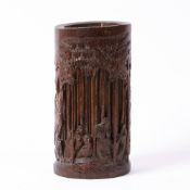 Bamboo brush pot Chinese carved with figures under a pine tree, 21cm high, 10.5cm across