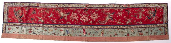 Silk embroidered banner Chinese red and pale blue ground embroidered with phoenix, dragonflies,