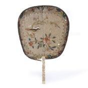 Ivory and silk embroidered rigid fan (pien mien) Chinese, 19th Century handle carved as gnarled