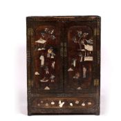 Lacquer cabinet Chinese, 19th Century with panelled doors with hardwood mounts, 81.5cm, 45cm deep,