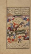 Safavid illustration from Shahnameh Iran, 17th Century battle scene with two columns of text in