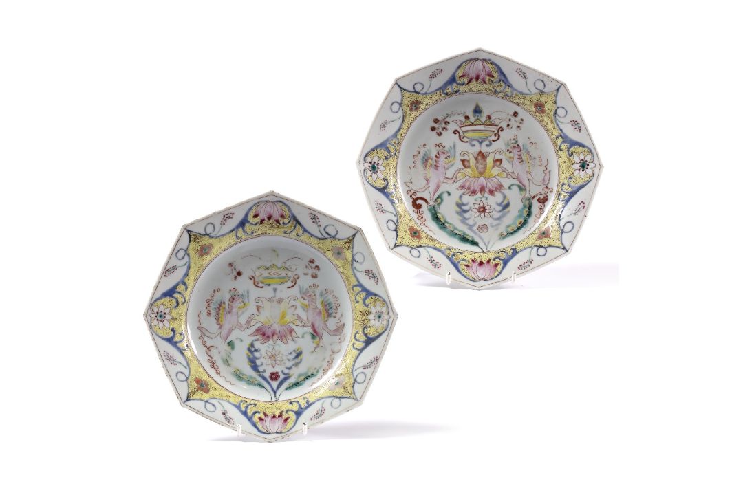 Pair of porcelain 'Armorial' octagonal plates Chinese, Yongzheng period each probably London - Image 1 of 4