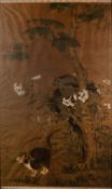 Large painting on silk Chinese, 17th/18th Century probably originally a scroll depicting a cat