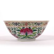 Peach blossom bowl Chinese decorated in white ground, with plums and foliate splays, 7cm high x 16.