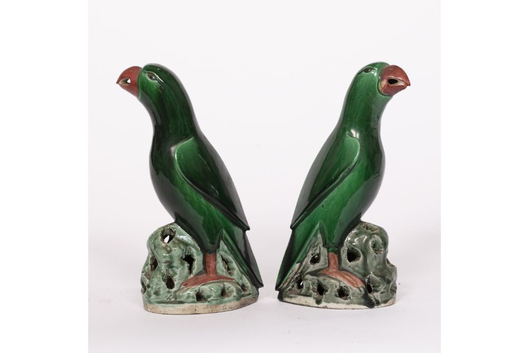 Pair of porcelain models of green glazed parrots Chinese, 19th Century Kangxi-style with black eyes, - Image 2 of 5