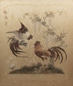 Silk and textile embroidery Chinese depicting fighting cockerels and wisteria, picture size 48cm x