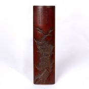 Bamboo brush rest Chinese, 19th Century carved with a mountainous gorge, temple, pine trees and
