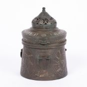 Bronze inkwell Khurasan/Seljuk revival with silver metal inlay of a griffin type creature and