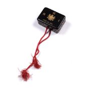 Miniature black lacquer fubako Japanese, late Meiji with metal cord handles, the cover decorated