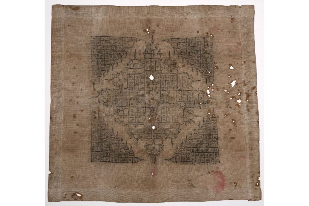 Tantric diagram Indian or Nepalese, 18/19th Century with diamond formation of script and stupas,
