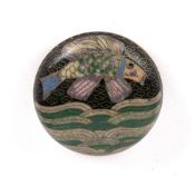 Small cloisonne box and cover Chinese depicting a fish swimming amongst waves, 6cm across.