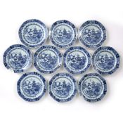 Group of ten blue and white export plates Chinese, 18th Century decorated with a central scene