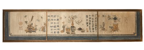 Large silk three part panel Chinese, circa 1900 embroidered with 'antiques' interspersed with