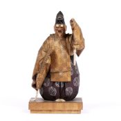 Carved wooden Noh dancer Japanese, 20th Century in polychrome colours decorated with mon pattern,