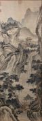 Painted silk panel Chinese, 20th Century depicting a waterfall landscape, 86cm x 30cm