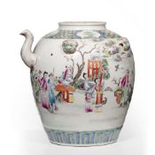 Famille rose ewer Chinese, 19th Century decorated to the body depicting figures and pavilion