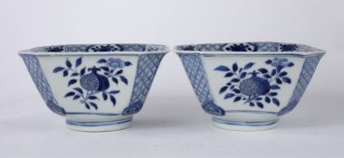 Pair of square blue and white porcelain bowls Chinese , 19th Century each with a painted pomegranate