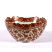 Scalloped quatrefoil porcelain bowl Chinese, 19th Century with coral and gilt painted birds,