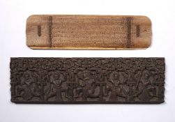 Carved hardwood panel Thai 25cm x 7.5cm and a Burmese astrological chart with Pali script verso,
