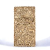 Canton ivory card case Chinese, 19th Century intricately carved with figures, temples and pine