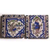 Two Qajar tiles 19th Century with blue background each depicting a man (2)