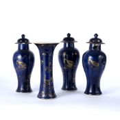 Garniture of blue vases Chinese, 18th Century to include three baluster vases and covers and one