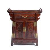 Hongmu altar cabinet Chinese, 19th/20th Century carved with a scroll top, with a single long