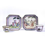 Two Canton enamel pin trays Chinese, circa 1740 depicting Westerners, both of square form, a Chinese