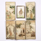 Six miniatures on ivory Indian depicting female figures in a garden and a temple, 15cm x 7.5cm (6)