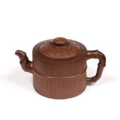 Yixing teapot Chinese body moulded to imitate bamboo, impressed mark to interior of lid and base,