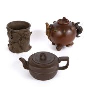 Three pieces of Yixing ware Chinese comprising of a brush pot, the exterior decorated with leaves