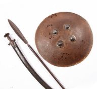 Persian military set Iran to include a tulwar with leather scabbard, 90cm across, a long handled