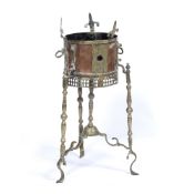 Copper and brass mangal/brazier ottoman Turkish of cylindrical form on three supports, 64cm high
