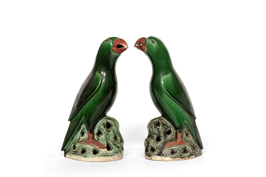 Pair of porcelain models of green glazed parrots Chinese, 19th Century Kangxi-style with black eyes, - Image 1 of 5