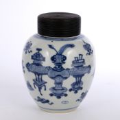 Blue and white jar Chinese, 19th Century decorated to the body with auspicious objects and vases,