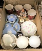 Two boxes of assorted decorative china wares to include Tuscan part tea set decorated with pink