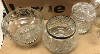 A Royal Brierley cut glass biscuit barrel, a Bohemian style cut glass pedestal fruit bowl,