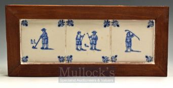 Three Blue & White Delft Ware Golfing Tiles: Having 2 golfers in Dutch costume to centre mounted