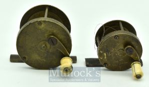2x interesting Vic brass crank wind multiplying reels – to incl 2.5” brass wide drum, curved crank