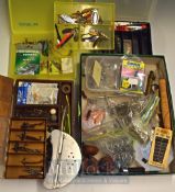 Selection of Fishing Accessories – Alloy bait tin, spinners, lures, salter scales together with