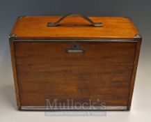 Large mahogany tool/lure metal corner cabinet – with sliding drop front panel to reveal 3x long